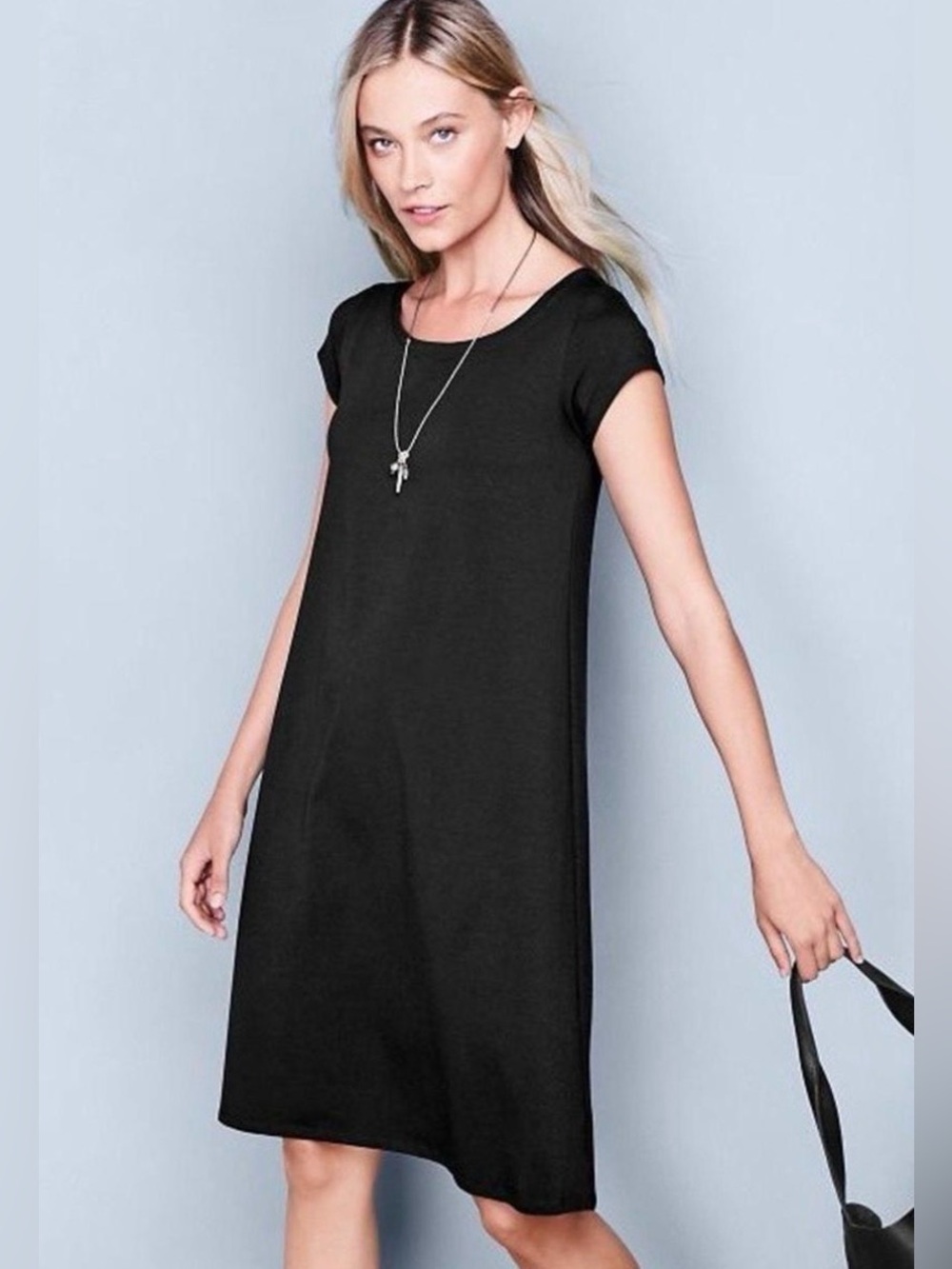 Eileen Fisher Black Cap Sleeve Scoop Neck T-Shirt Shift Dress M Minimalist
